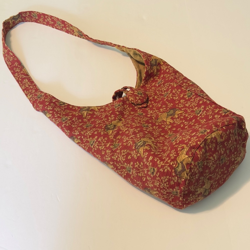 Handmade Reversible Hobo Bag Red Gold Elephant Floral Tapestry Slouchy Large